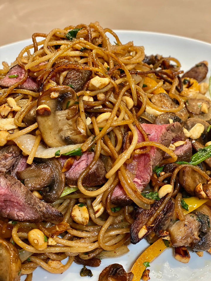 Thai Peanut Noodles with Vegetables and Seared Beef